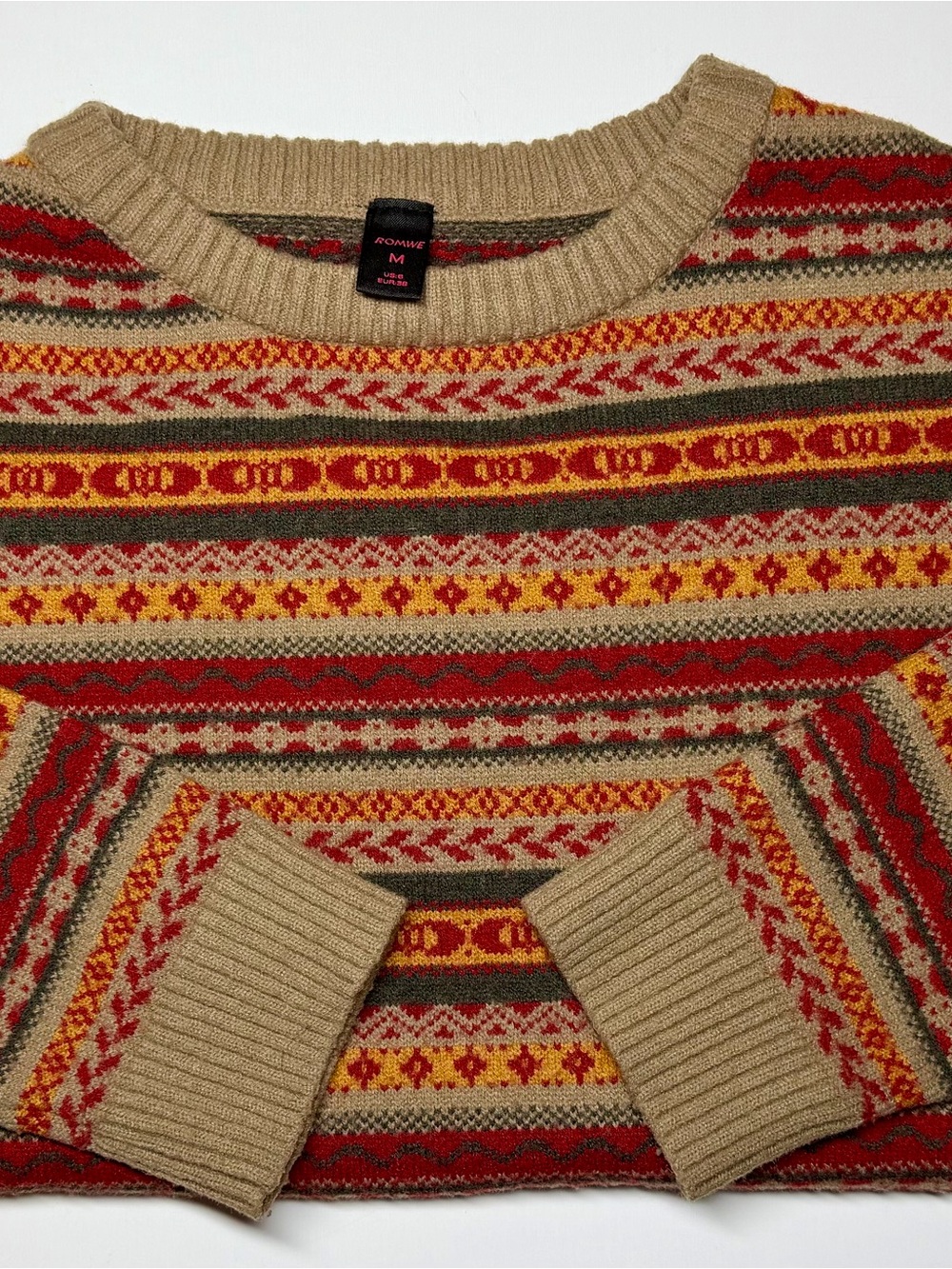 ROMWE Boho Fair Isle Striped Knit‎ Sweater Women’s M Crew Neck Hippie Retro